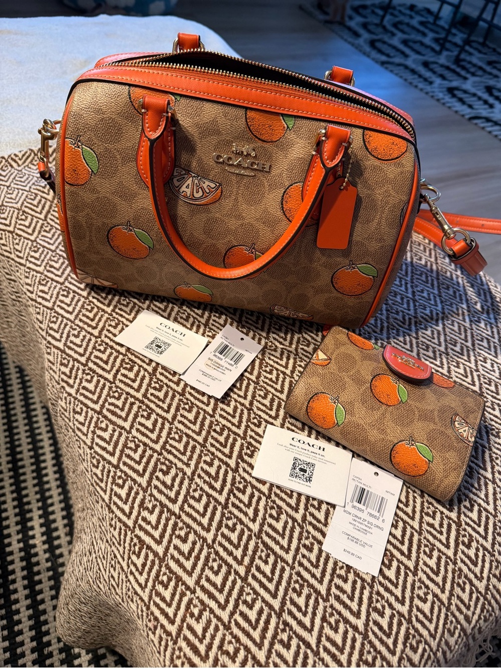 Coach Brown Signature Satchel with Orange Fruit Print and Orange Trim